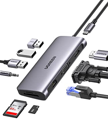 UGREEN Revodok USB C Docking Station Dual Display 10 IN 1 USB C Hub con HDMI, VGA, 3 x USB 3.0, PD 100W, Gigabit Ethernet, 3,5 mm Aux, SD/TF Compatible con MacBook Pro/Air, Surface, etc.