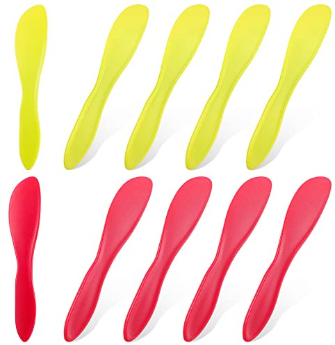 Perthlin 10 esparcidores de mantequilla de plástico, multiusos, cuchillos versátiles para glaseado de crema de queso suave, 7 x 1.4 pulgadas (amarillo, rojo)