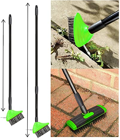 3 in 1 Telescopic Weed Remover Brush Wire Head Paving Decking Clean Scrub Moss Weed Remover Tool Wire Brush Scraper Set with Metal Broom & Weed Removal Head Green