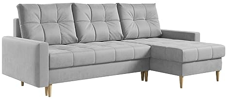 MKS MEBLE Ecksofa - L-Form Sofa mit Schlaffunktion - Wohnlandschaft L Form, Ecksofa mit Schlaffunktion und Bettkasten, Schlafsofa mit Bettkasten, Couch mit Schlaffunktion - Hellgrau Astra