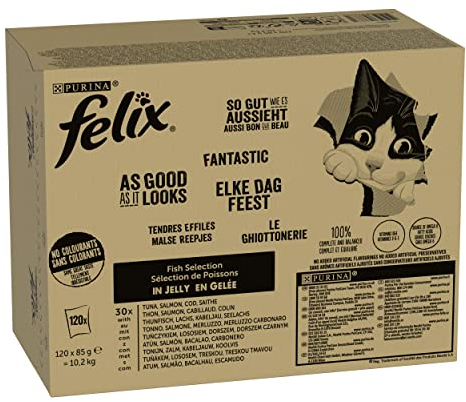 Felix So gut wie es aussieht Katzenfutter nass in Gelee, Fisch Sorten-Mix, 120er Pack (120 x 85g)