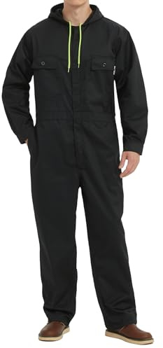 Yukirtiq Tuta da Lavoro Uomo Tuta da Meccanico Abbigliamento da Lavoro Multitasche Tuta da Tornitore Tuta Intera da Lavoro con Cappuccio, Nero, L
