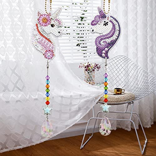 EXQULEG 2 Pcs Diamond Painting Sonnenfänger, 5D Diamond Painting Windspiele DIY Diamant Malerei Hängender Anhänger Handwerk für Haus Garten Dekor (SMDZ205)