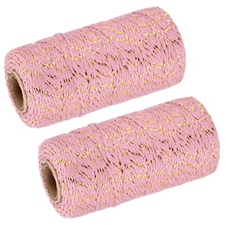 sourcing map Twine Packing String Wrapping Cotton Twine 100M/109 Yard Gold Tone and Pink Rope for Gift Wrapping, Christmas Twine, Pack of 2