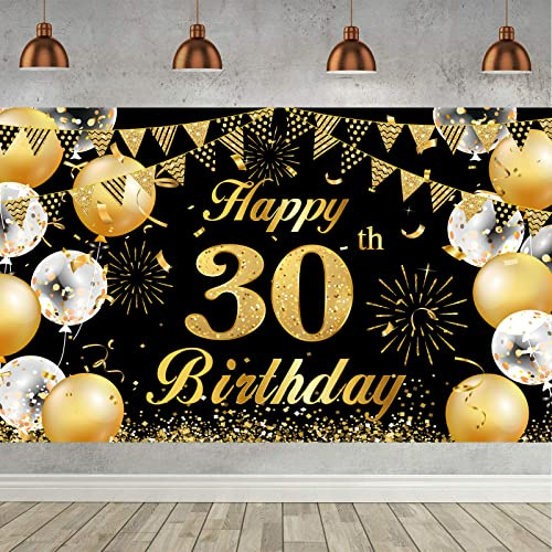 30. Geburtstag Banner Schwarz Gold, Geburtstagsbanner für Männer und Frauen, Hintergrund Banner für 30 Jahre Party Deko