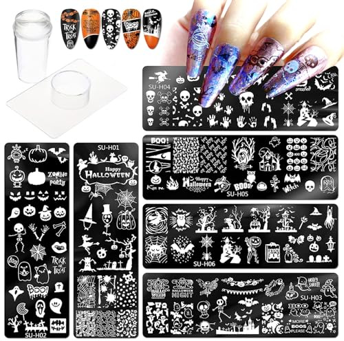OMDBAGD Halloween Nail Stamper Kit 6 Pcs Nail Plates +1 Nail Stamper + 1 Nail Scraper Horror Skull Spider Ghost Bat Nail Art Design Template Nail Stencils Plates Nail Supplies Tools Nail 8pcs Set