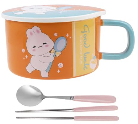 lachineuse - Omedelbar nudelskål - asiatisk ramenskål - porslin - kaninmönster - 1 000 ml - med lock och bestick - frukost, soppa, ris - presentidé Asien Japan Kina - orange