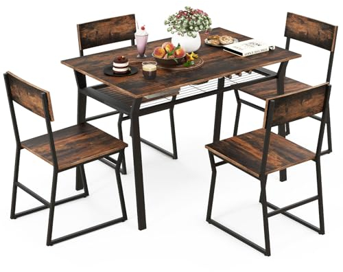 COSTWAY Esstisch Set 5-teilig, Küchentisch mit 4 Stühlen & Regal, Essgruppe für 4 Personen, Esszimmertisch Metallrahmen, Sitzgruppe Industrie, Bartisch Set für Küche Esszimmer (Vintage)