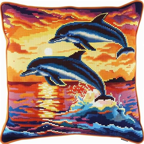 kitphoenix Latch Hook Kissen Kit Delfin 3D Handgemachte Geschenke Knüpfteppich für Kinder und Erwachsene Knüpfset 43cm X 43cm