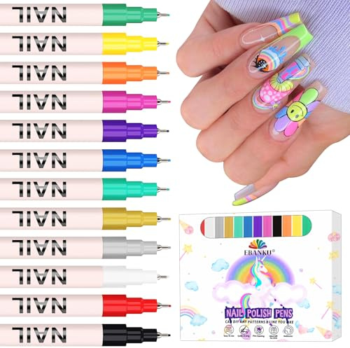 EBANKU 12 Farben Nagelkunst Stifte Set, 3D 0,5 mm Graffiti-Acrylfarbe Nagelkunst-Marker Schnelltrocknende Nagelspitze, Graffiti-Punktier-Liner-Stift-Sets für Zuhause und den Salon Nagel-DIY