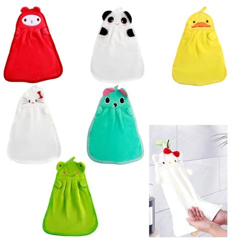 MxyVrix 6 Toallas de Mano de Niños, Microfibra Absorbente, Diseño de Animales Infantiles, Secado Rápido, con Lazo para Colgar, Ideal para Cocinas y Baños