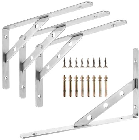 MIVIDE 4 Stück Schwerlastträger, Schwerlastkonsole 250 x 150 mm Regalwinkel, Edelstahl Winkel aus 3mm Dick Regalhalter mit Schrauben und Dübel Regalhalterung（Silber）