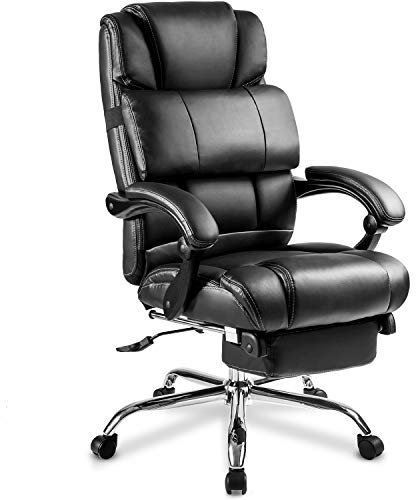 OWOHYG Ergonomischer Bürostuhl, Leder, Luxus-Chef-Business-Stühle, Executive-Sitz, Bürostuhl mit doppelt gepolstertem Stützkissen und Fußstütze, Schwarze verstellbare Büromöbel