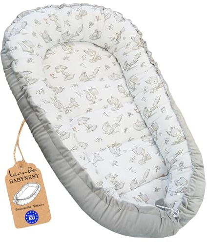 Leanbe Babynest 90x50 cm – Babynestchen für Neugeborene, Nestchen Baby aus Baumwolle & Polyester, Bettnestchen für Winter/Herbst, Baby Nest Set für Indoor & Outdoor (VELOURS GRAU)