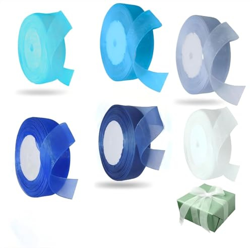 6 Rollen Organzaband, 45 m × 20 mm, Geschenkband in Blau, Schleifenband aus Chiffon, Dekoband aus Organza für Geburtstag, Geschenkverpackung, Brautsträuße und DIY-Hochzeitsdekoration.