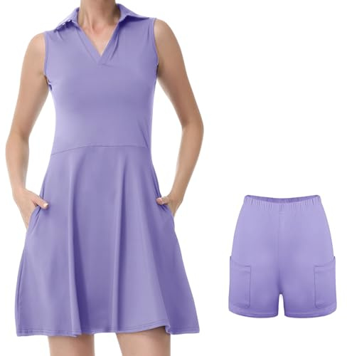 Bezioner Robe Tennis Femme sans Manche Robe Polo avec Shorts Robes Golf Femmes avec 4 Poches Ligne A Vêtements de Sport Violet S