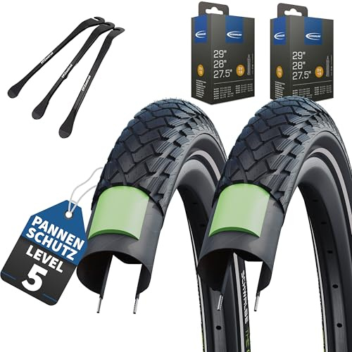 2er Set Schwalbe Fahradreifen Marathon Greenguard 28 x1,625 Zoll(44-622) + AV/DV/SV/Ohne Schlauch und 3 Metall Reifenheber E Bike