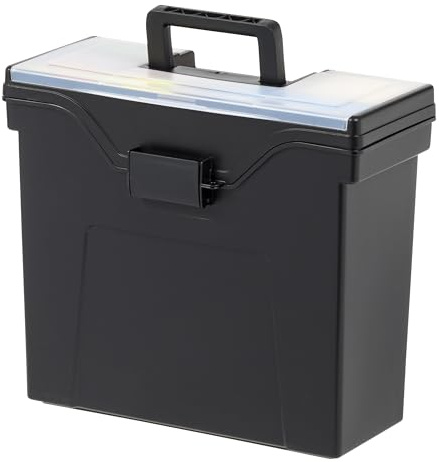 IRIS USA Portable File Box With Handle, Slim w/Organizer Lid, Plastic File Organizer Box for Letter Files, Hanging Filing Folder Organizer, Lockable, Secure Buckle, Black