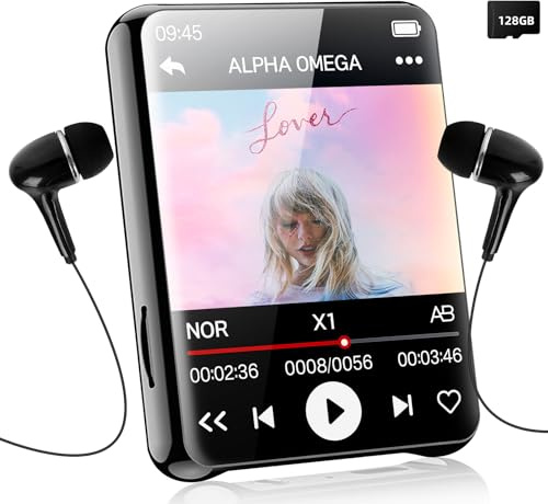 Lettore MP3 Joueainou 128 GB Bluetooth, touchscreen da 2,4 pollici, radio FM, suono HiFi, altoparlante integrato, E-book, Include cover protettiva e cuffie con cavo, Espandibile fino a 512 GB