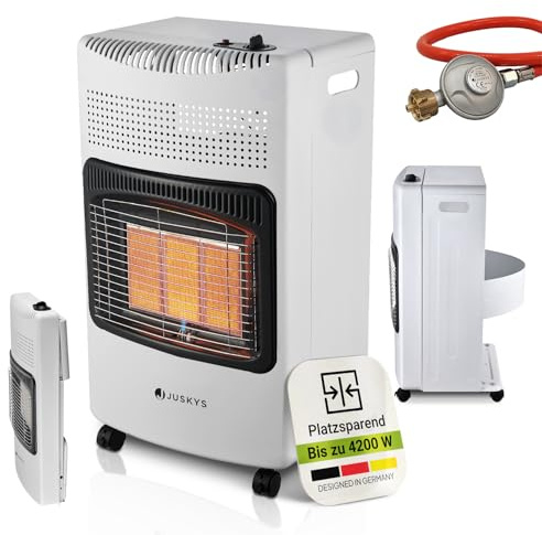 Juskys® Keramik Gasheizung GS42US in Weiß - 4200 W mit Druckregler & Schlauch - Mobil, effizient & energiesparend - Gasheizer Gasheizofen Gasheizgerät