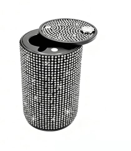 FALVFUN Bling Car Ashtray, Rhinestones Smokeless Smell Proof Vehicle Cup Holder Ash Tray with Lid, Sparkling Diamond Portable Automotive Interior Ashtray, Universal for SUV RV Truck (White)