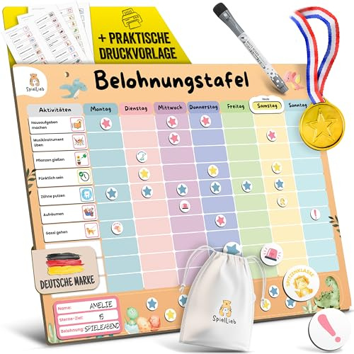 SpielLieb® Montessori Belohnungstafel Kinder magnetisch Belohnungssystem ideal für Kinder [200 Aufgaben + Stern- & Spezialmagnete, 1-3 Spieler] für mehr Selbstständigkeit (Dino)