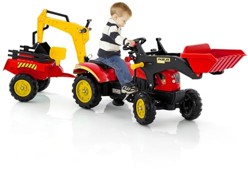 COSTWAY 3 en 1 Tractopelle Enfant avec Pelle & Remorque Amovible, Tracteur à Pédales Enfants avec Volant & 6 Pneus Durables, Charge 35kg, Pelleteuse pour Enfant de 3-6 Ans (Rouge)