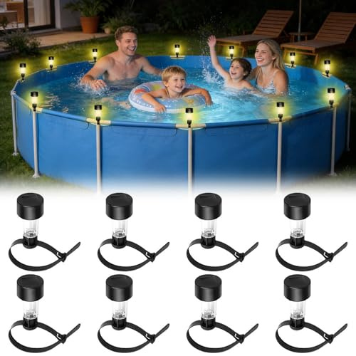 WDKXCN Set di 8 luci solari per piscina con fascette per cavi, illuminazione fluorescente bianca calda, 4,5 cm, per bordo piscina, recinzione, giardino, piscina, bar, decorazione per feste