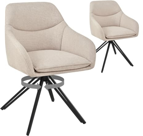 Bon Furni Set med 2 360° svängbara matsalsstolar med armstöd - vadderade fåtöljstolar i vävt tyg, svarta metallben, justerbara skridskor, beige