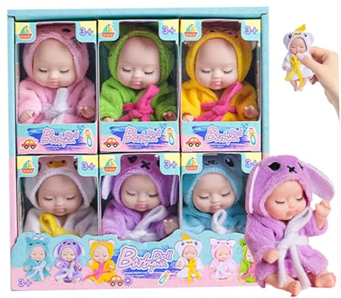 6-teiliges kleines Babypuppen-Set, 4, 3 x 2, lebensechte Mini-Babypuppe, realistisch beweglich, mit niedlichem, weichem Bademantel, kleiner Schlaf für Kleinkinder ab 3 Jahren, Geburtstag Nr. 1