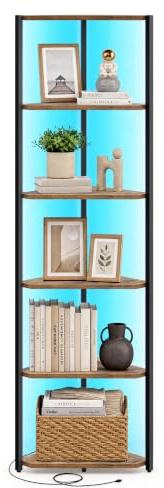 VASAGLE Eckregal mit 6 Ebenen, Bücherregal mit Einstellbarer LED-Beleuchtung, Regal mit Stahlrahmen, 24,8 x 48 x 182,1 cm, für Wohnzimmer, Schlafzimmer, Arbeitszimmer, vintagebraun LBC591KD01