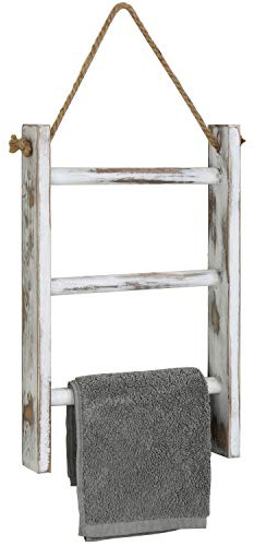 MyGift Rustic Hand Towel Holder, Whitewashed Solid Wood Farmhouse Bathroom Decor, Small Blanket Ladder for Home Decor, Wall Mounted Towel Rack for Shabby Chic Decor