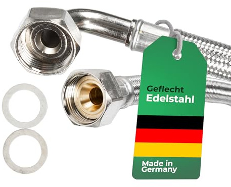 H2O-Flex® Zulaufschlauch DN13, 3/4 ÜM x 3/4 ÜM mit Bogen, 2,5m | Flexschlauch für Waschmaschine oder Spülmaschine, Aquastop Verlängerung, Edelstahl-Geflecht, knickfest, Inliner HDPE, PN10