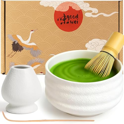 Goodwei Matcha teservis | Handgjord Matcha skål, Matcha sked och visp med matchande design keramisk visphållare | Presentförpackning (80, Miyuki)