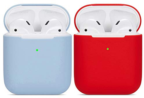 Custodia per Airpods compatibile, 2 pezzi Custodia protettiva in silicone morbido ultrasottile antiurto Accessori per la protezione antiscivolo Cover per Apple Airpods 2 e 1 - Azzurro+Rosso