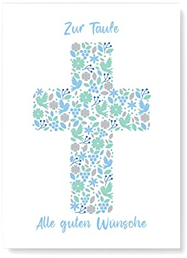 Friendly Fox Karte zur Taufe Kreuz, 1x Taufkarte mit Umschlag, zur Taufe Junge Blumen Kreuz, DIN A6 Klappkarte