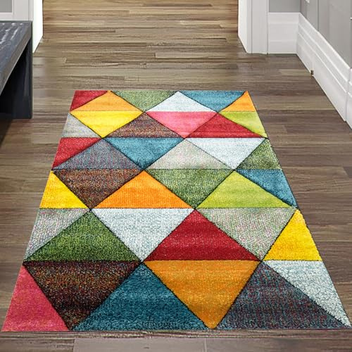Teppich-Traum Moderner Teppich Wohnzimmer abstraktes Design buntes Dreieckmuster rot grün orange bunt - pflegeleicht Größe 140x200 cm