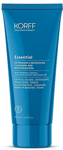 Korff Essence Latte Viso All in One, Triplice Azione Detergente, Struccante e Tonico, Formula Idratante con Acido Ialuronico, 200ml
