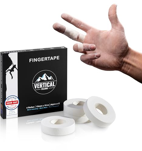 VERTICAL FELLOWS® 4 Rollen Klettertape 1,5cm breit - DERMATEST sehr gut - mit PDF Tapeanleitung ideales Fingertape und Sporttape für Klettern Bouldern Volleyball Handball Kampfsport