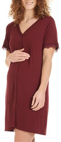 Herzmutter Amningsnattskjorta - knapp framsida - Nattlinne för postpartum - Moderskap -Nattskjortel för graviditet med amningsfunktion - Kort ärm med spets - mamma-nattlinnes - 2850 (XL, Mörkröd)