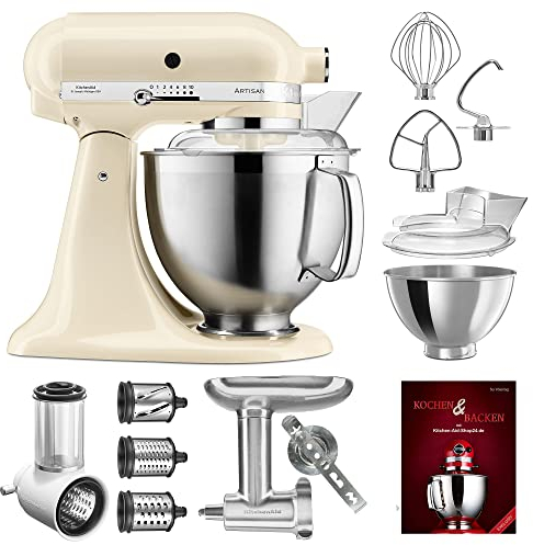 KitchenAid Küchenmaschine Artisan - P23 Vario Set Deluxe 185er (NM) - 5KSM185PSEAC inkl. Gemüseschneider (5KSMVSA), Fleischwolf Ganzmetall (5KSMMGA) und Kochbuch (Kochen & Backen)