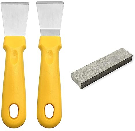 Lot de 2 grattoirs de Nettoyage pour Fours, cuisinières, plaques à Induction, en Acier Inoxydable avec poignée en Plastique, Version Droite + Version courbée Jaune, (Version Droite + Version pliée)