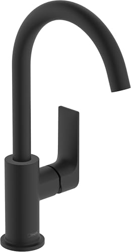 hansgrohe Waschtischarmatur Rebris E, Wasserhahn Bad mit Auslauf Höhe 210 mm, mit Zugstange, Badarmatur wassersparend, 120° drehbar, Mattschwarz