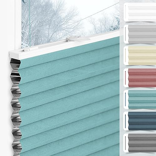 bobodeco Wabenplissee Plissee ohne Bohren Verdunkelung Klemmfix Thermo Verdunklungsplissee, Hellblau-Weiß 65x130 cm(BxH), 100% Verdunkelnd & Sicht- & Schallschutz, Wärmeisolierung für Fenster & Tür