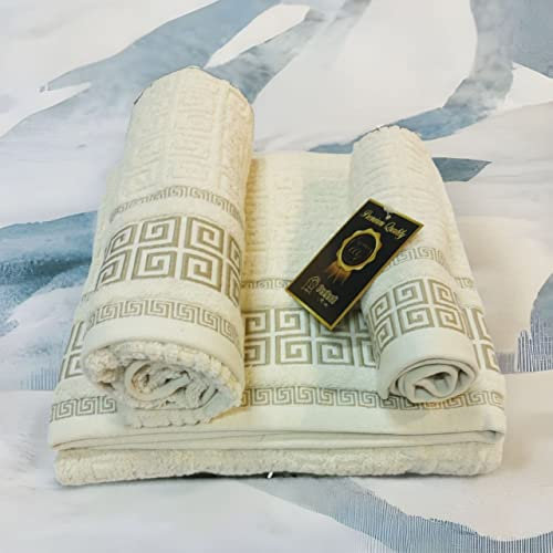 Mercatienda Juego de Toallas 100% Algodón Portugués Grego Beige Set de Toallas de 3 Piezas: Baño, Lavabo y tocador. 600g Algodón de Calidad. Diseño Brocado en Toda la Toalla. Tacto Supreme