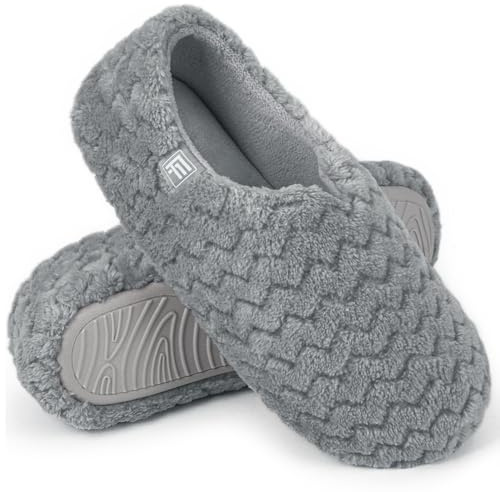 FamilyFairy Women's Memory Foam Slippers Soft Sherpa Lining Lightweight House Shoes Grey, UK7.5-8.5