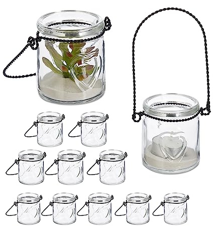 Relaxdays Vindlampa, uppsättning om 12, glas med handtag, inomhus och utomhus, H x D: 7 x 6 cm, värmeljushållare bröllop, transparent/svart