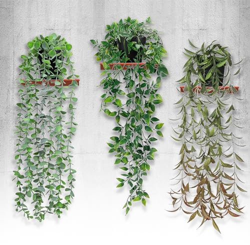 Wkmamo 3 Stück Künstliche Hängepflanzen Eukalyptus mit Topf, 56cm | Kunststoff, UV-beständig, wasserfest, wartungsfrei, für Indoor Outdoor, Wohnzimmer Balkon Garten