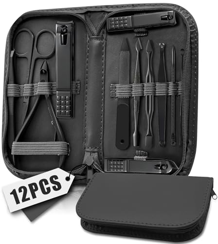 Set Manicure 12 Pezzi, Set Pedicure Professionale Piedi, Kit Manicure da Viaggio per Donne e Uomini, Kit di Pulizia delle Unghie per la Casa, Kit Tagliaunghie con Borsa da Viaggio in Pelle Nero