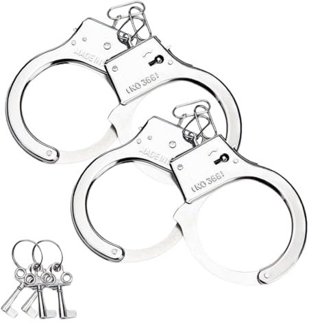 2 Stücke Handschellen Polizei Kostüm mit Schlüssel, Polizist Zubehör, Sträfling Accessoires, Mottoparty, Karneval,Fasching,Halloween,Polizei Handschellen aus Edelstahl, zum Räuber und Gendarm Spielen